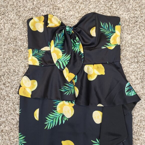 ASOS Dress Womens Size 12 Black Lemons Summer Side Slit Strapless Midi Frills - Picture 5 of 15